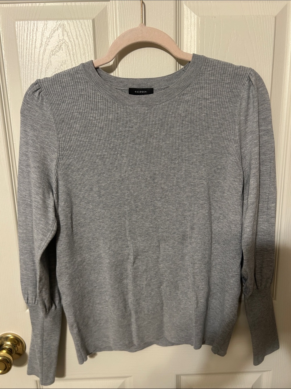 Halogen Gray Ribbed Puff-Sleeve Sweater Top